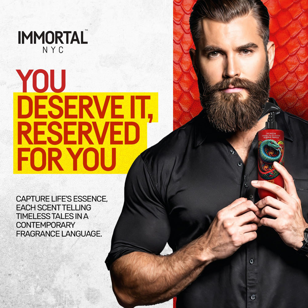 Immortal NYC Venom bottle on a grooming shelf for daily ritual.