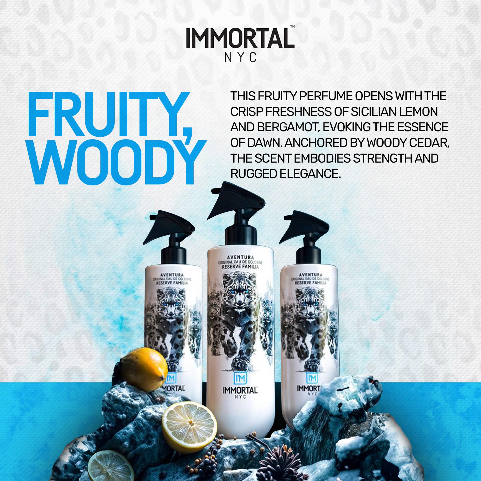 Immortal NYC Aventura aftershave bottle emphasizes moisturizing feel on skin.