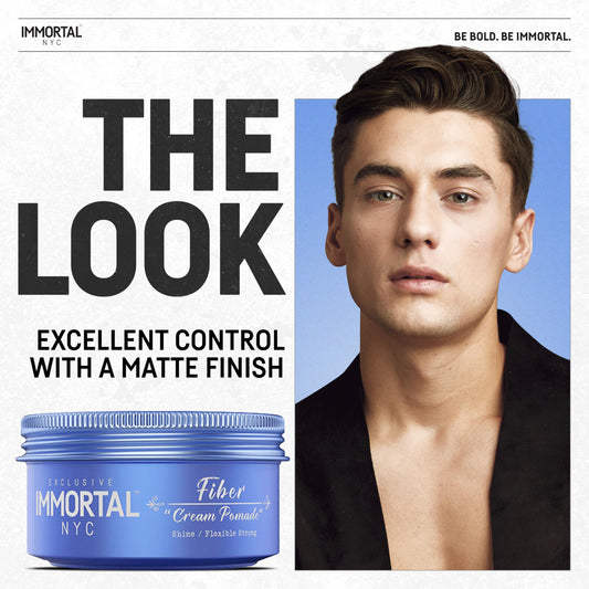 Immortal NYC Fiber Cream Pomade application for flexible hold and defined texture.