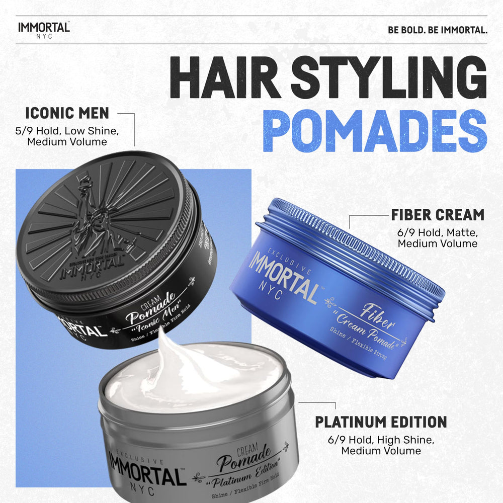Immortal NYC Fiber Cream Pomade delivers a pliable strong hold.