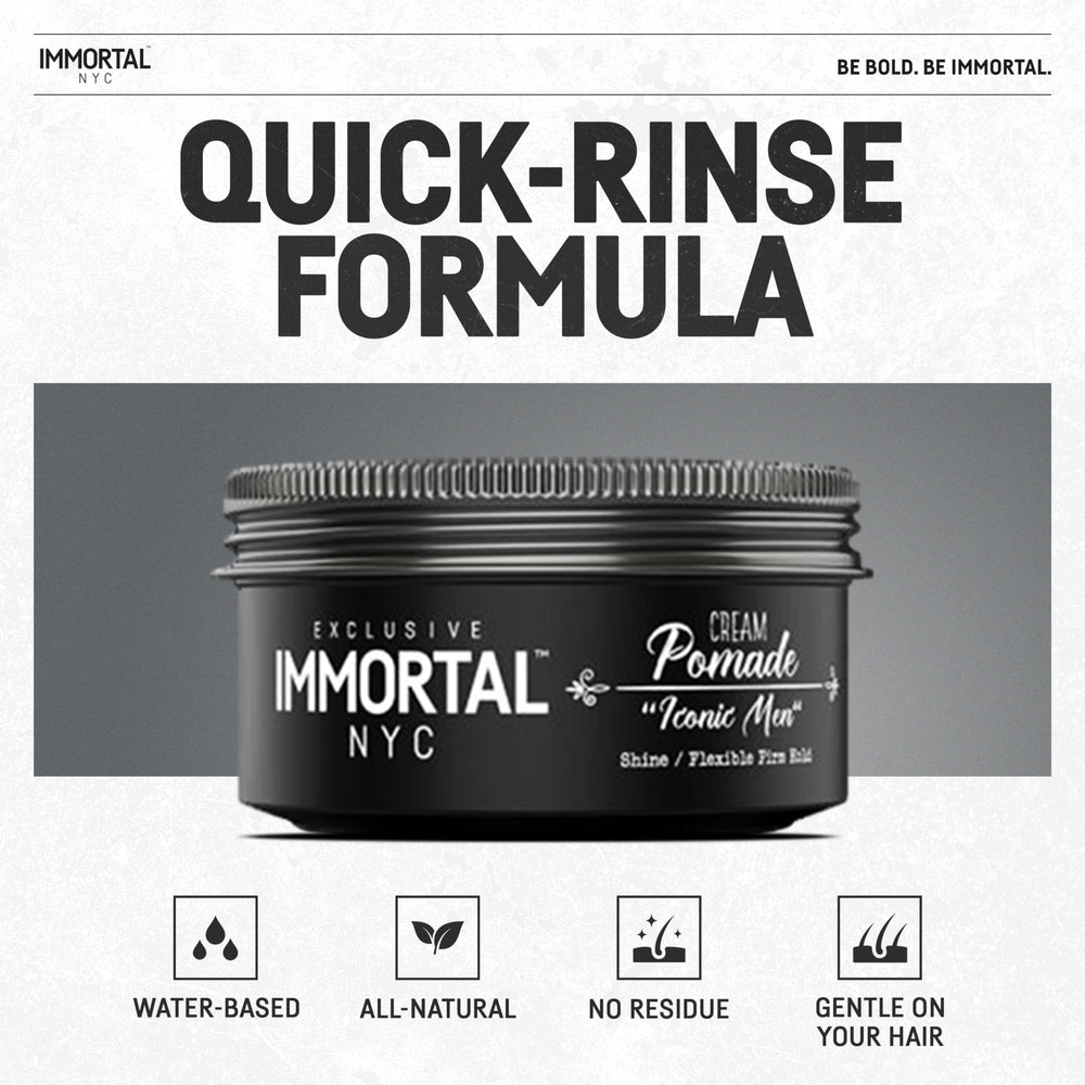 Hair being styled with Immortal NYC Iconic Man Pomade for a low-shine look.