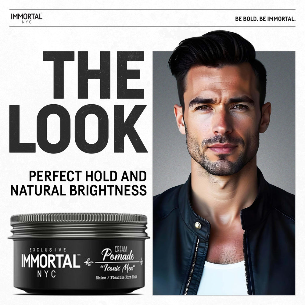 Immortal NYC Iconic Man Pomade tube label close-up for all-day styling.
