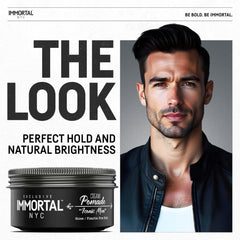 Immortal NYC Iconic Man Pomade tube label close-up for all-day styling.