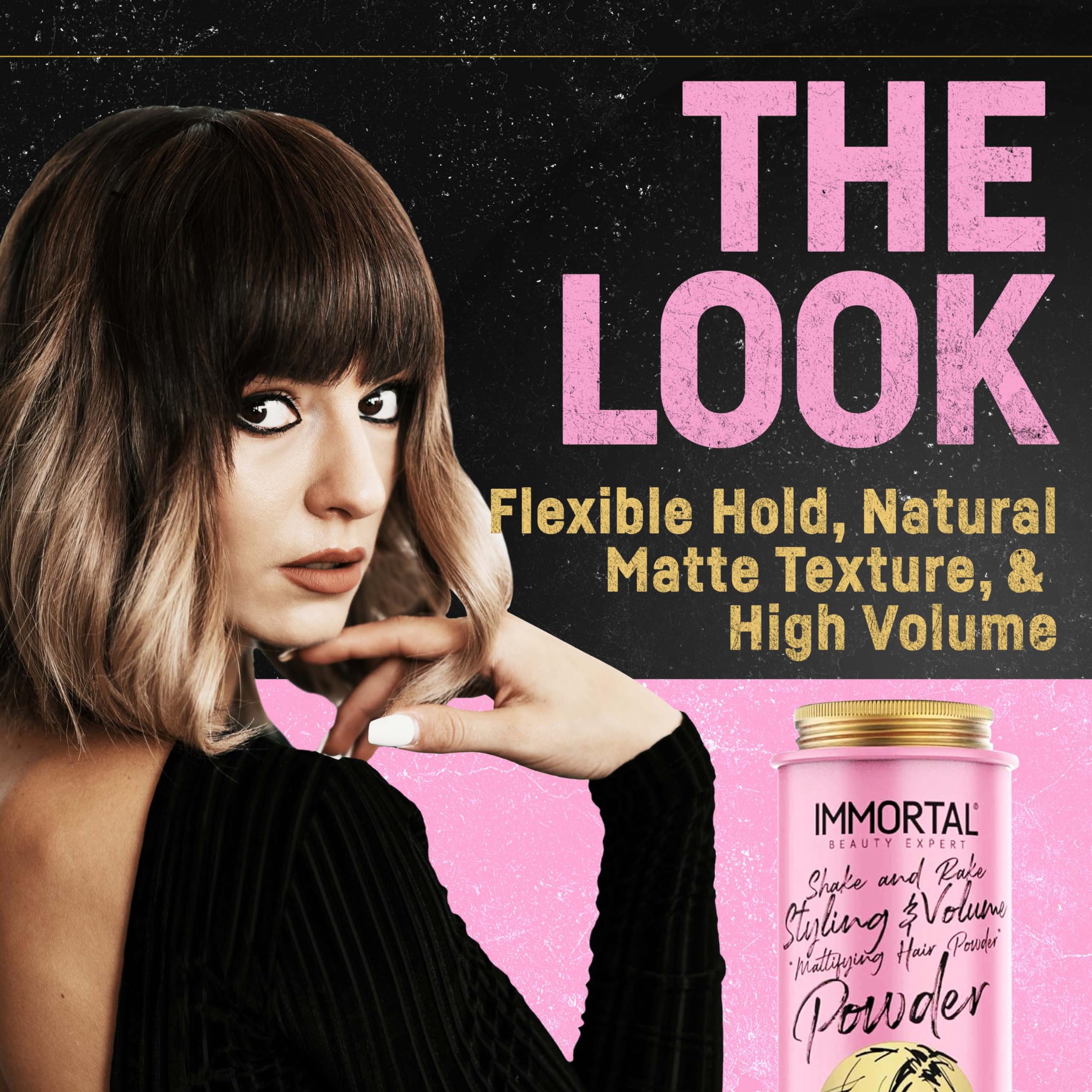 Immortal NYC Shake and Rake powder application close-up showing easy styling and flexible hold.