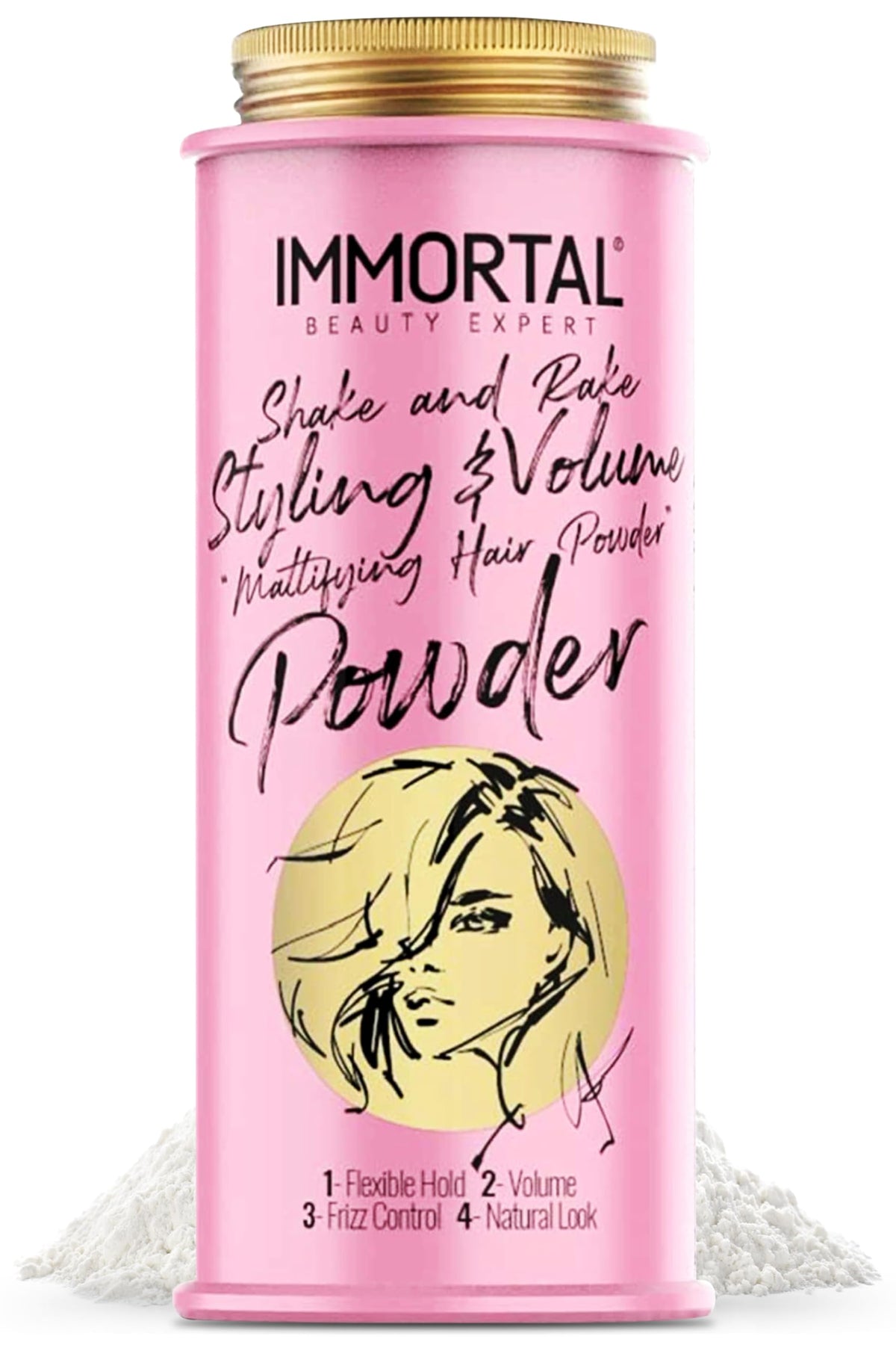 Immortal NYC Shake and Rake powder bottle for instant volume and natural matte finish.