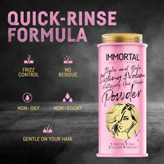 Immortal NYC Shake and Rake powder hair close-up demonstrating natural look and frizz control.