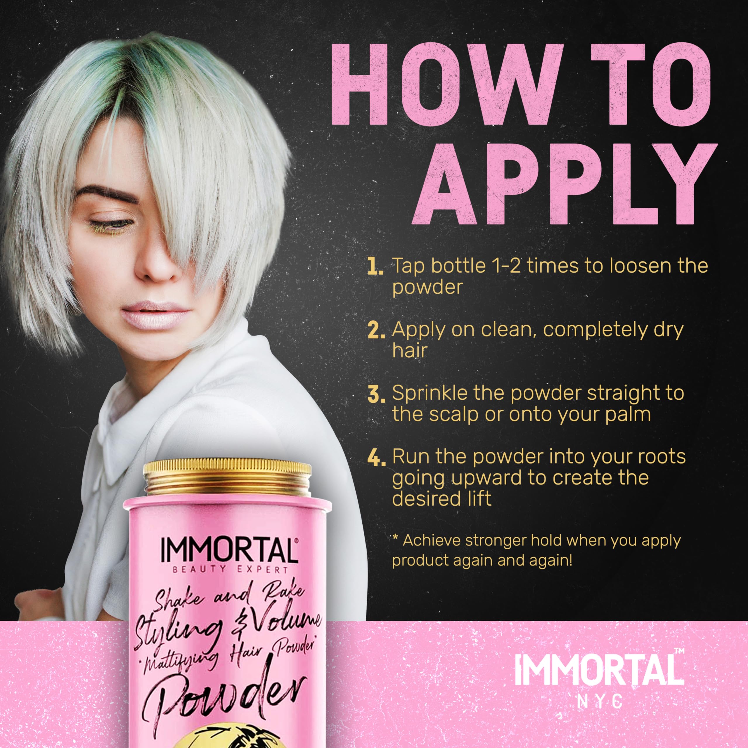Immortal NYC Shake and Rake powder in hands for quick, residue-free styling.