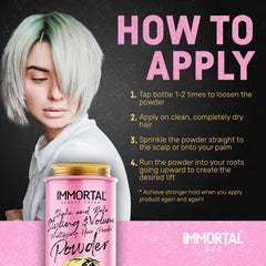 Immortal NYC Shake and Rake powder in hands for quick, residue-free styling.