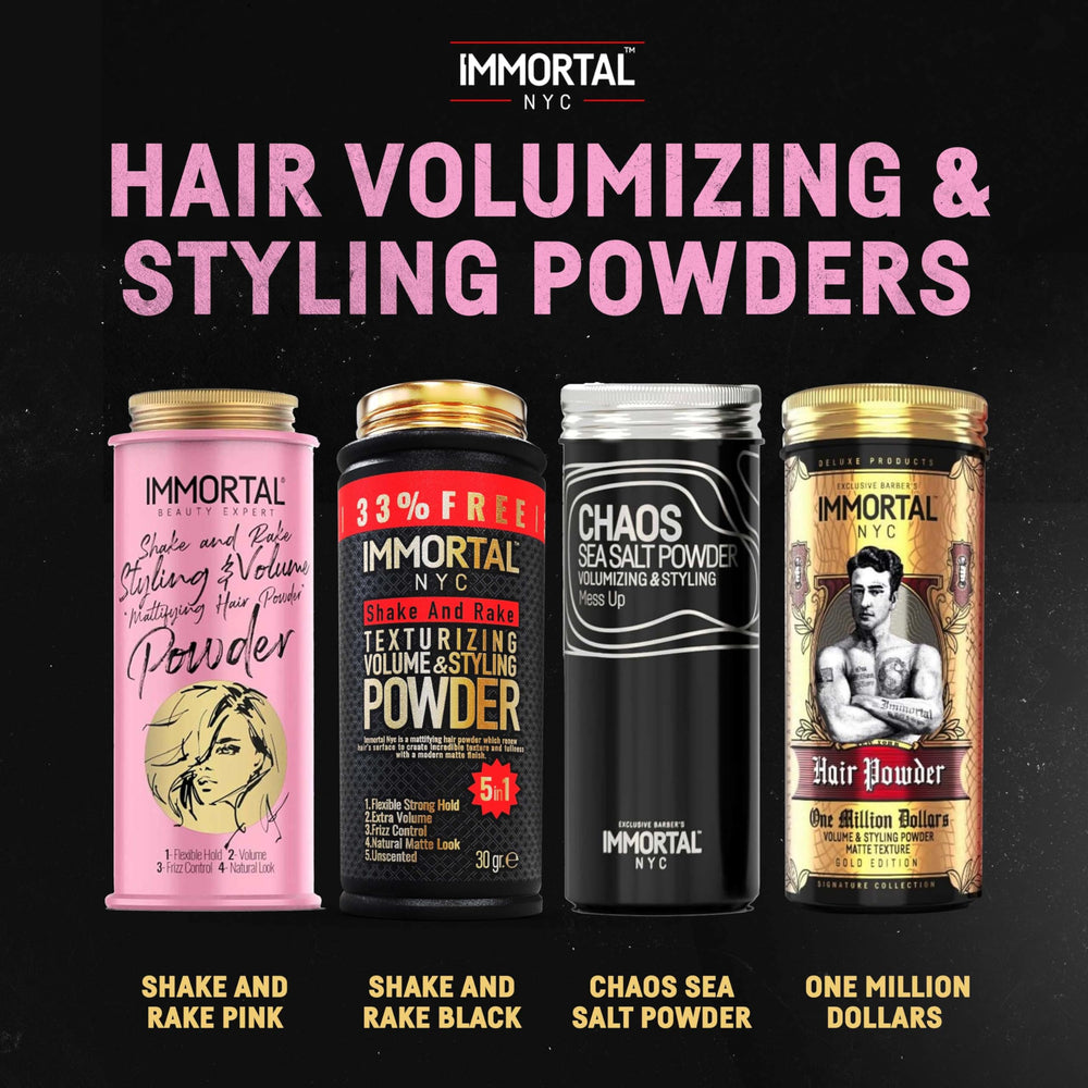Immortal NYC Shake and Rake powder packaging emphasizing all-natural ingredients.