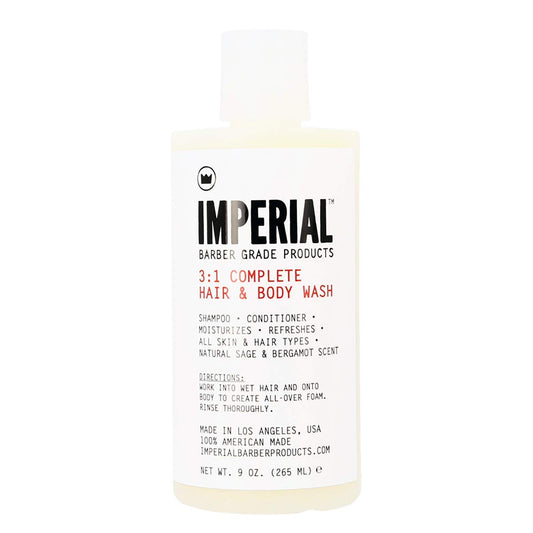 Imperial Barber 3:1 bottle demonstrating the 3-in-1 formula for streamlined grooming.