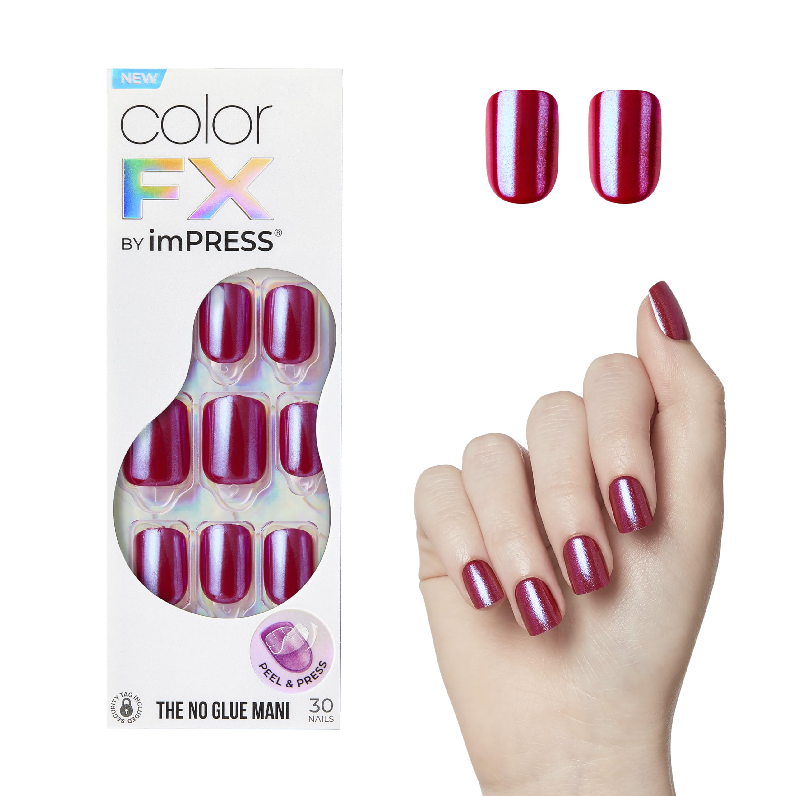 imPRESS No Glue Mani Color FX This City dark red nails, ready-to-wear kit packaging.