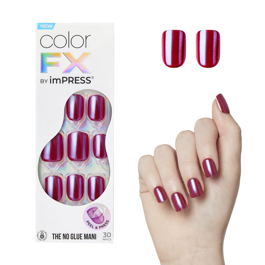 imPRESS No Glue Mani Color FX This City dark red nails, ready-to-wear kit packaging.