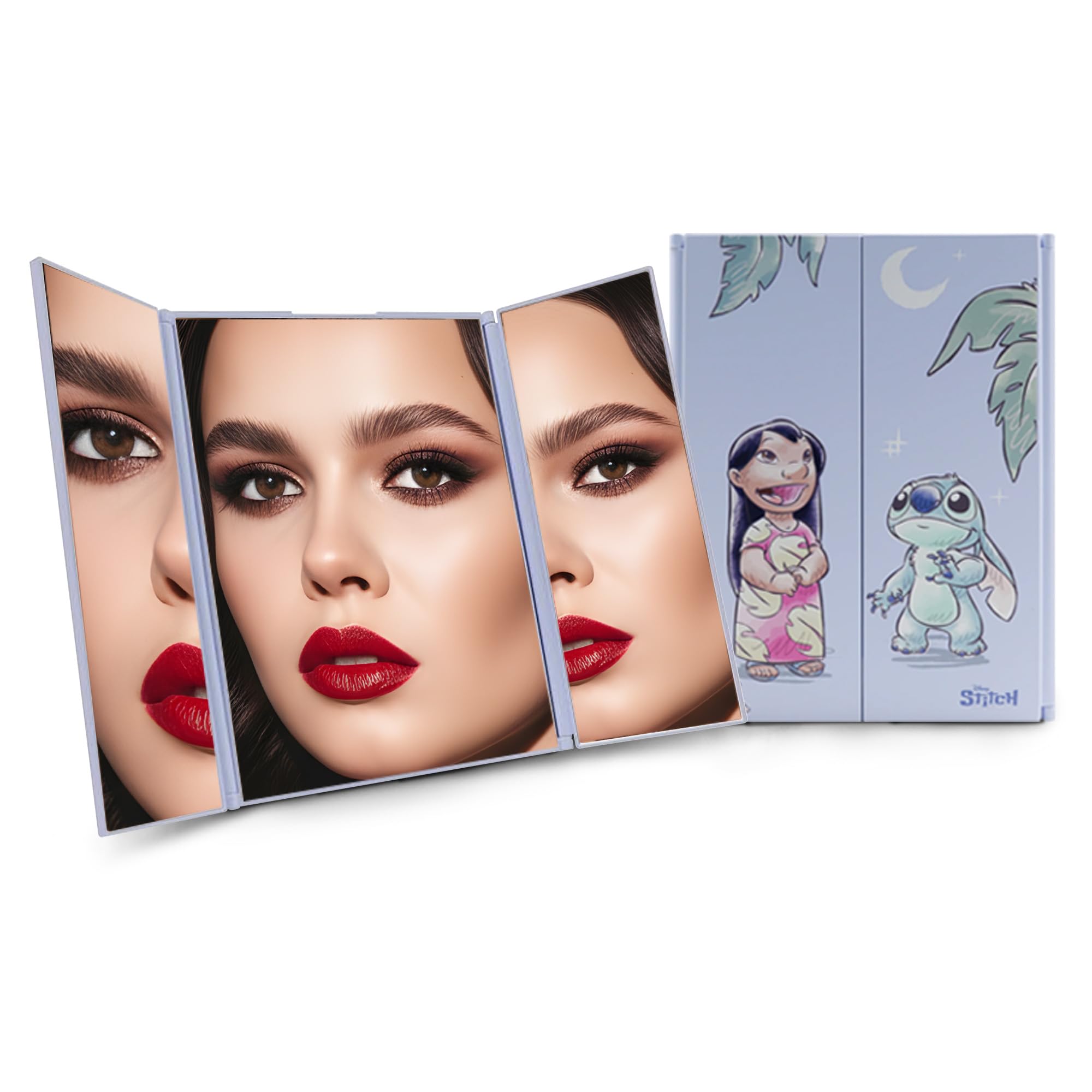 Impressions Vanity Stitch Wishes at Night tri-fold mirror with Stitch artwork offering panoramic makeup view.