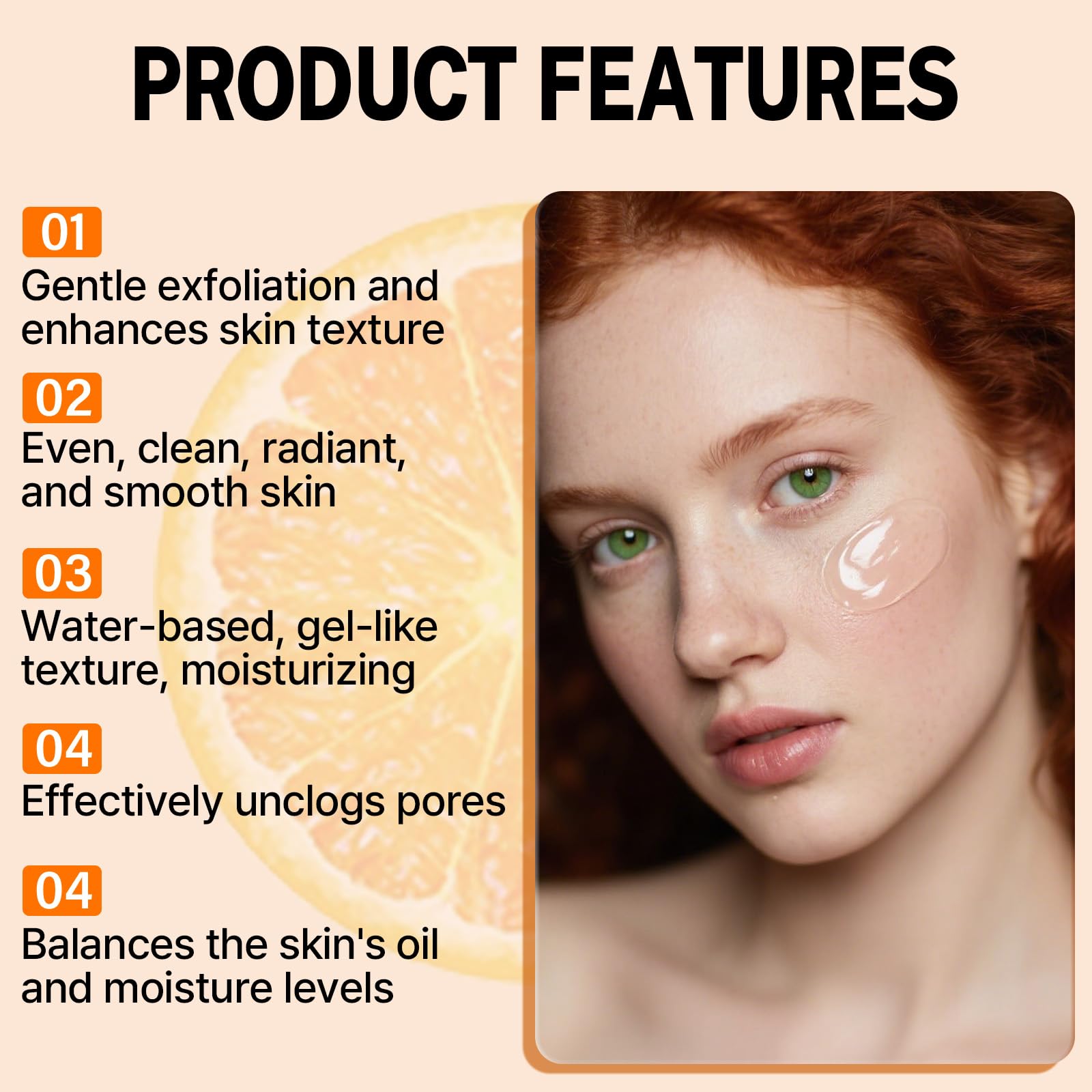 Close-up of orange extract texture highlighting moisturizing formula of IMrawlook exfoliating gel