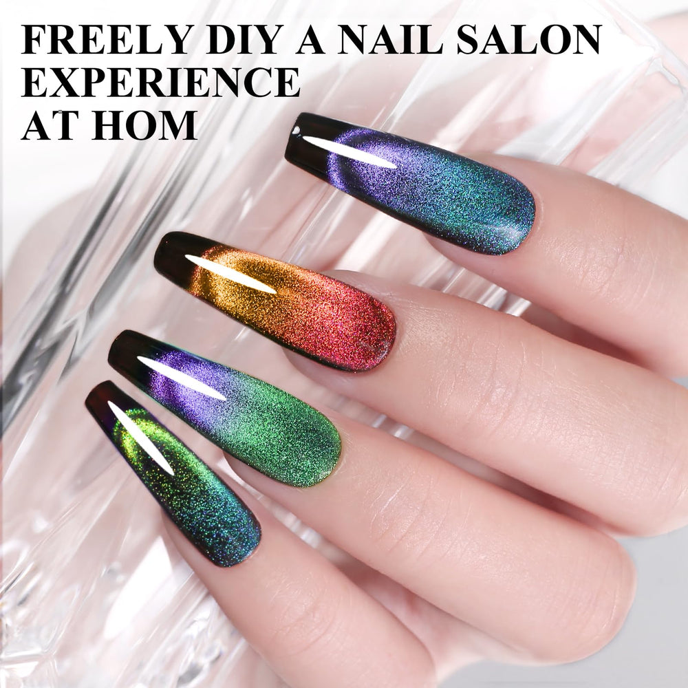 Applied on nail showing cat eye swirl for stylish manicure.