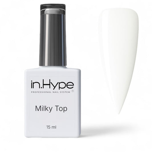 IN.HYPE Gel Cover Top Coat close-up applying for a flawless finish with soft milky tint.