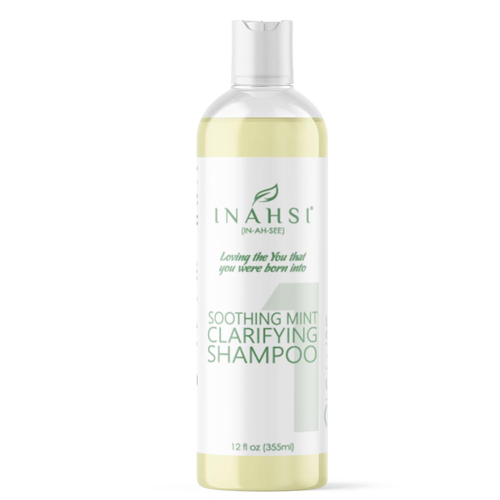 Inahsi Soothing Mint Clarifying Shampoo bottle with mint formula for curly hair, refreshing cleanse