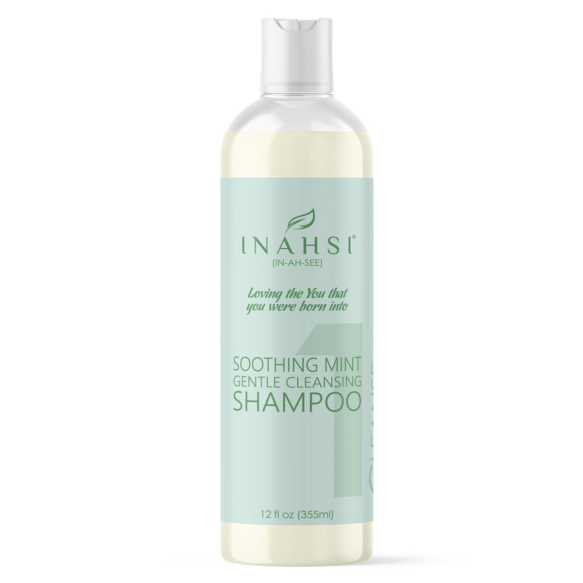Inahsi Soothing Mint shampoo bottle front, gentle cleanse for curls.