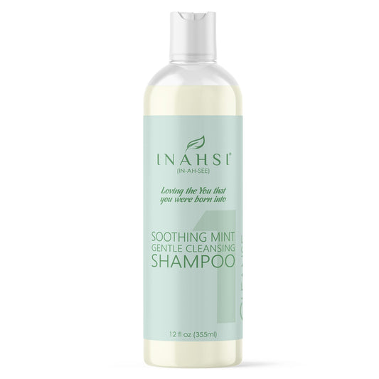 Inahsi Soothing Mint shampoo bottle front, gentle cleanse for curls.