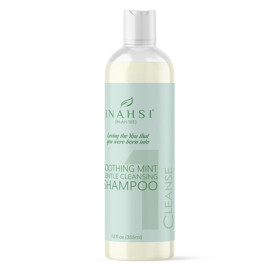 Inahsi Soothing Mint shampoo on spiral curls, supports color-treated hair care.