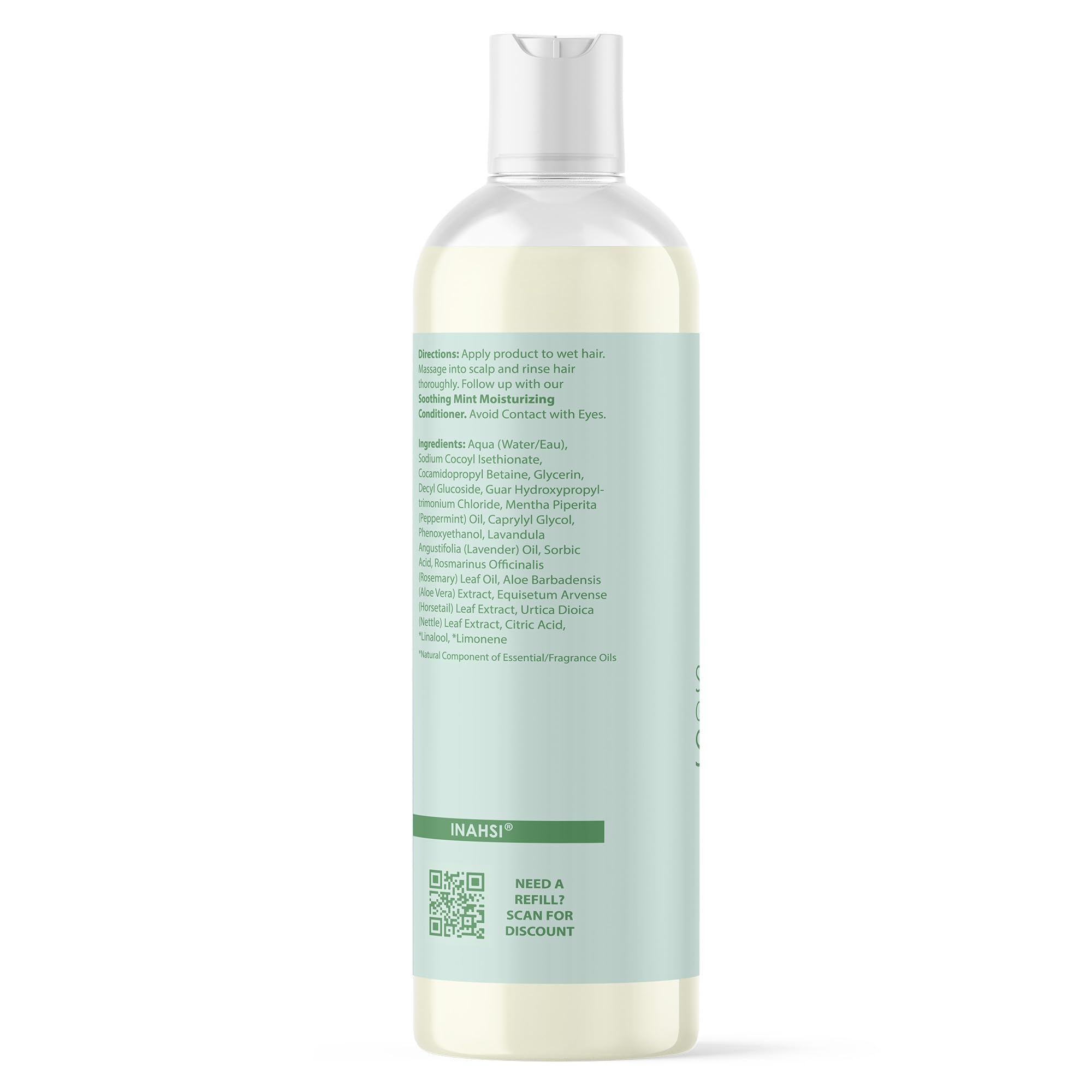Inahsi Soothing Mint shampoo USA-made label emphasizing domestic production.