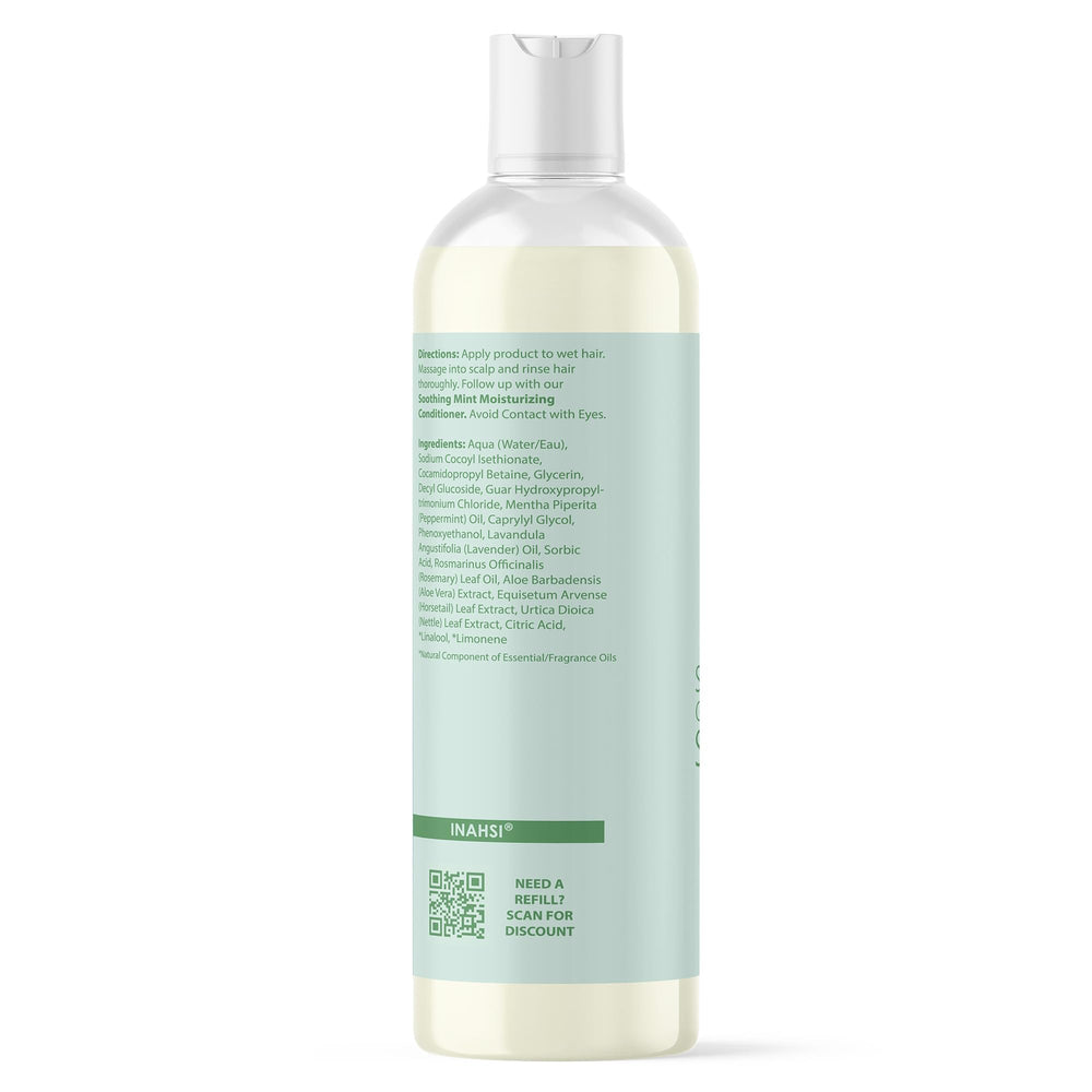 Inahsi Soothing Mint shampoo USA-made label emphasizing domestic production.