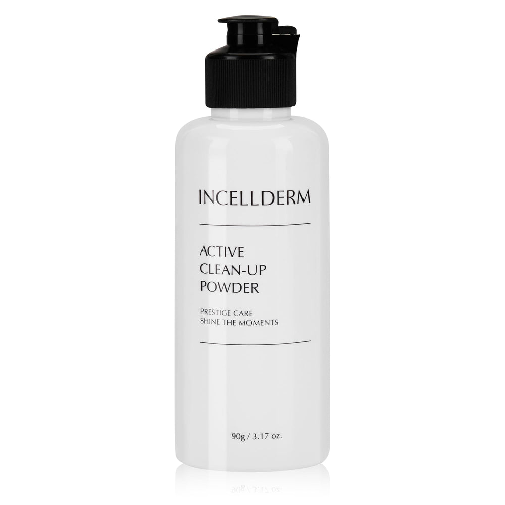 INCELLDERM Active Clean-Up Powder jar showing powder-to-foam activation for a gentle cleanse.