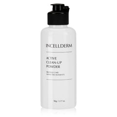 INCELLDERM Active Clean-Up Powder jar showing powder-to-foam activation for a gentle cleanse.