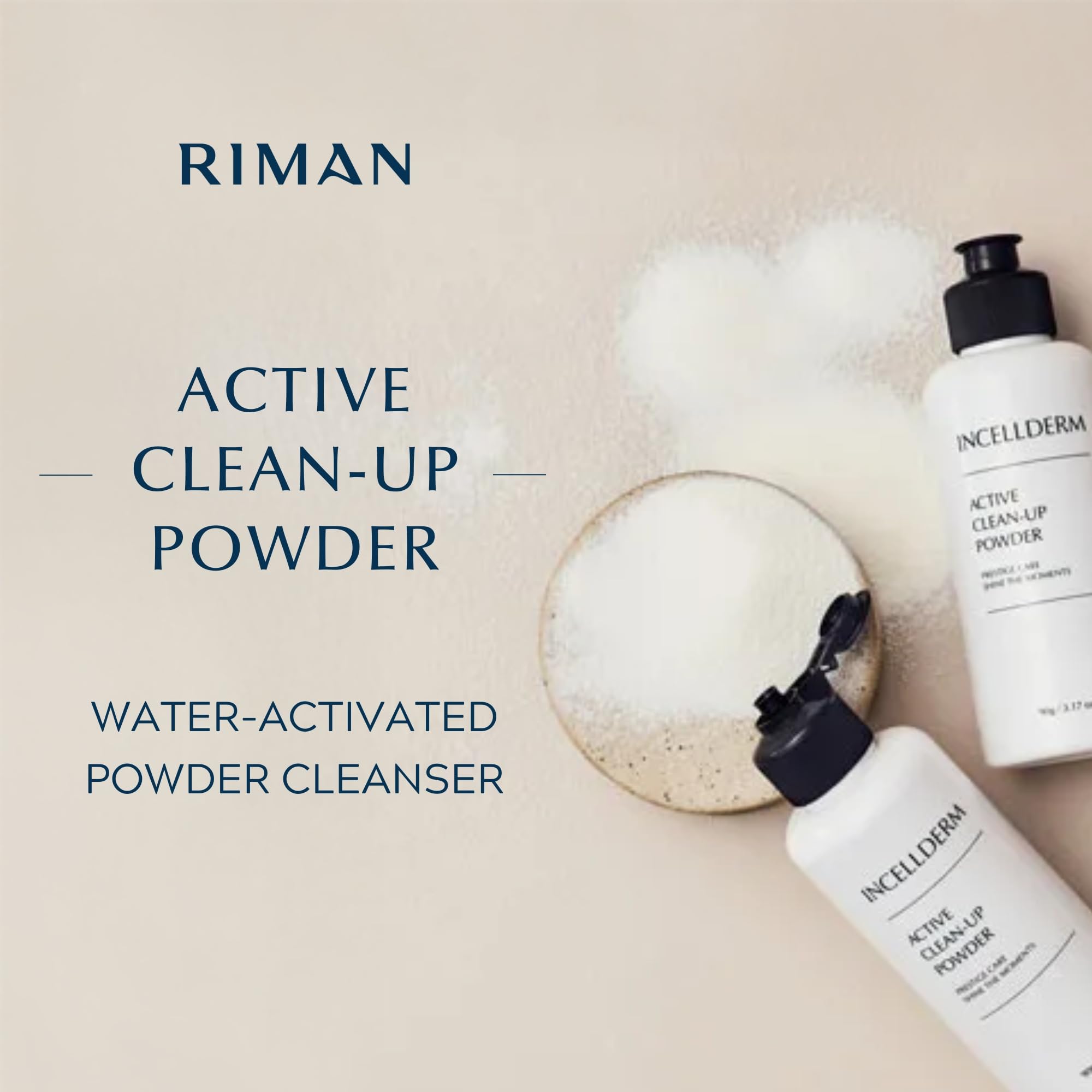 INCELLDERM Active Clean-Up Powder packaging shown for travel-friendly routine.