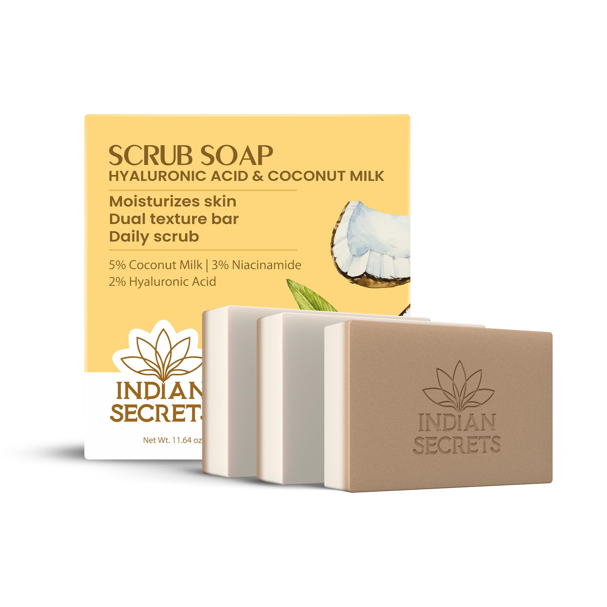 INDIAN SECRETS Scrub Soap dual texture design for exfoliation and cleansing.