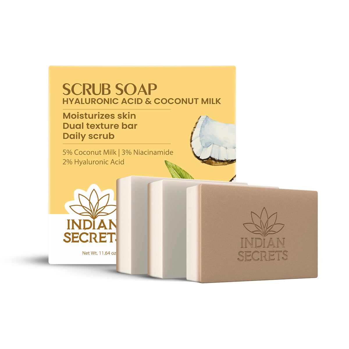 INDIAN SECRETS Scrub Soap dual texture design for exfoliation and cleansing.