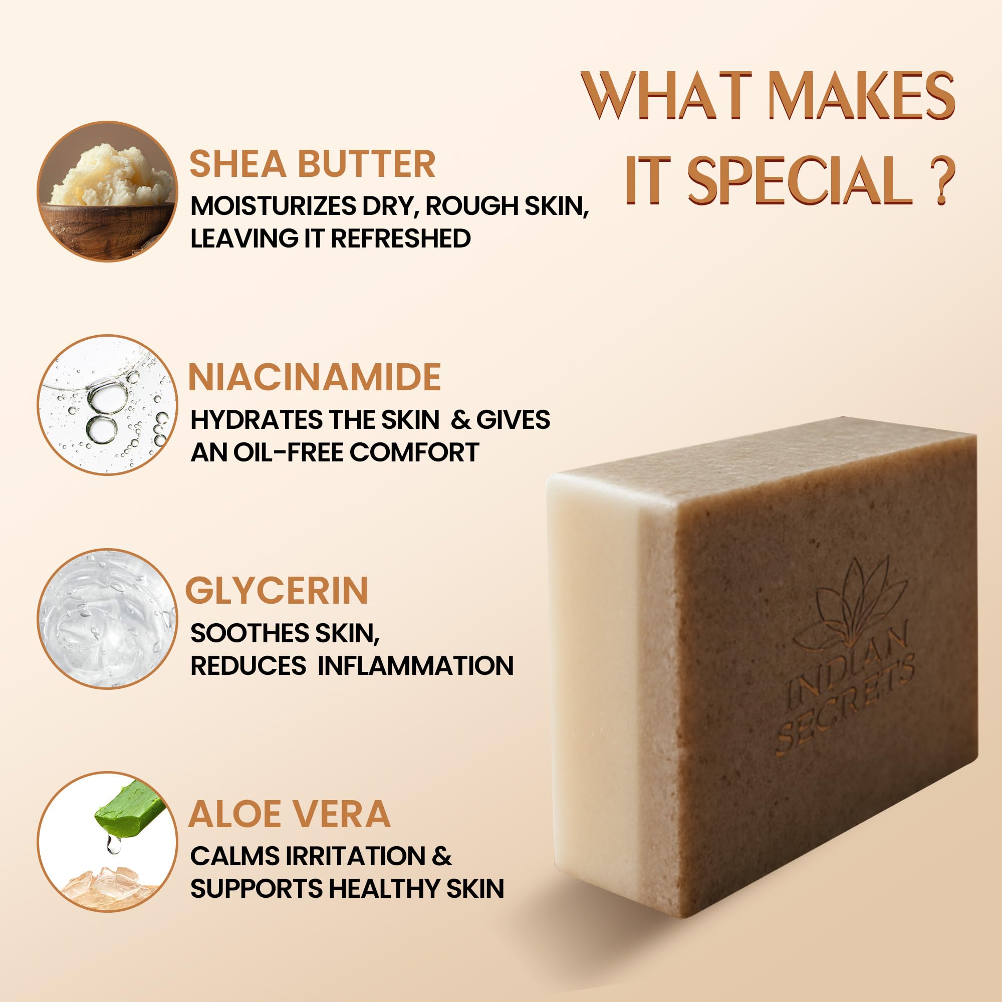 INDIAN SECRETS Scrub Soap with niacinamide supports even tone.