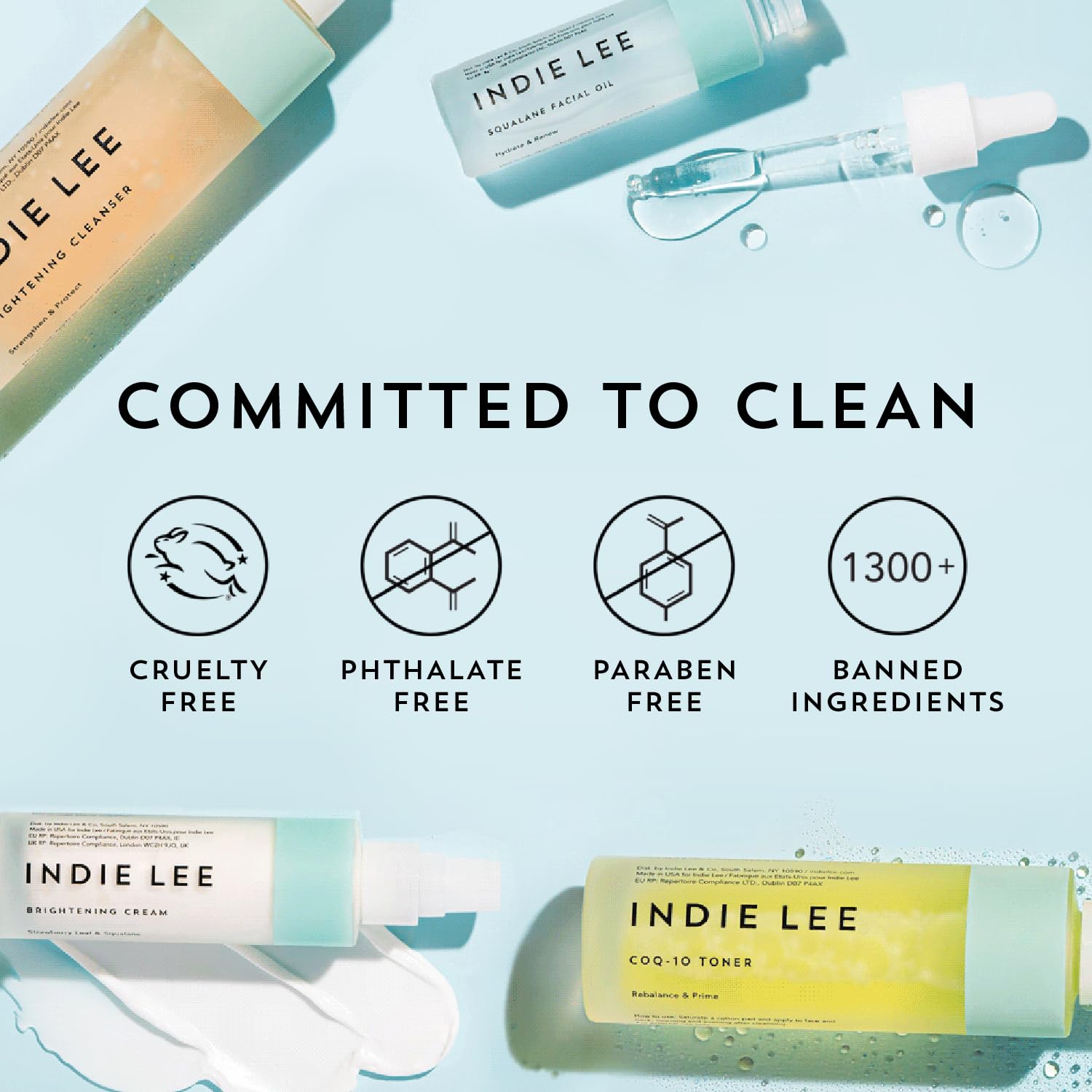 Indie Lee free-from-banned-ingredients claim emphasizing clean skincare