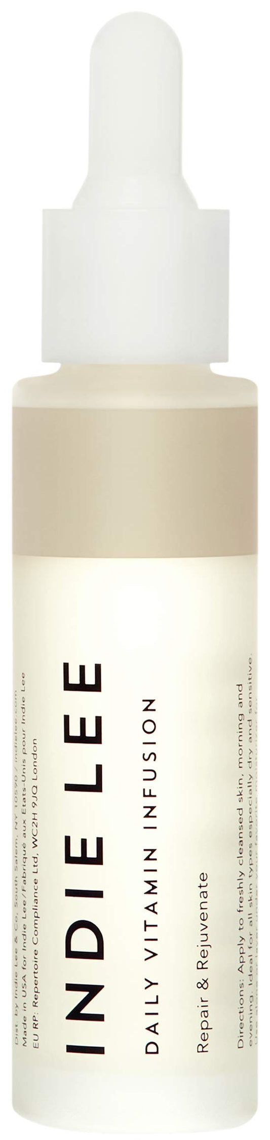 Indie Lee Daily Vitamin Infusion bottle close-up highlighting hydration benefits