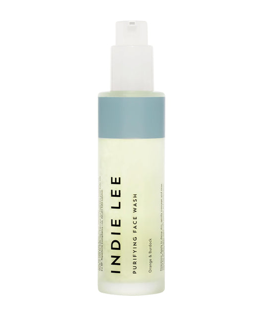 Indie Lee Purifying Face Wash bottle shown for daily detox cleansing and makeup removal.