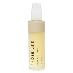 Indie Lee Soothing Cleanser bottle shown, gentle makeup remover for sensitive skin.
