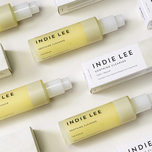 Indie Lee Soothing Cleanser ingredients close-up, highlighting hydrating and soothing formula.