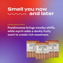 Closeup of Indigo Wild Zum Goat Milk Soap Bar showing natural oils and milk for nourishing feel.