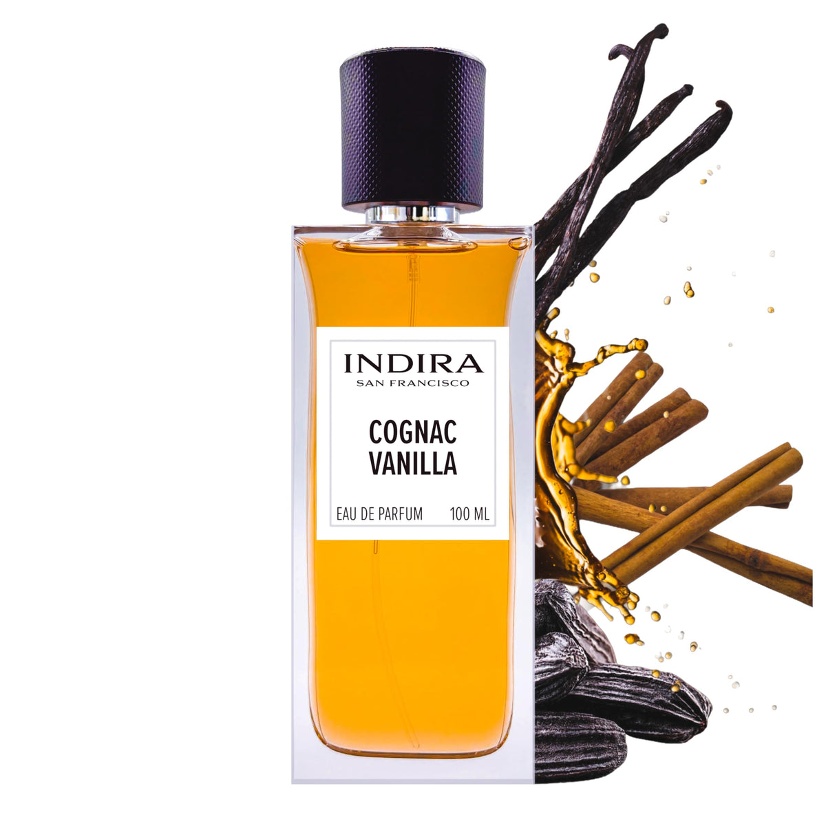 INDIRA SAN FRANCISCO Cognac Vanilla bottle on a clean surface, showcasing warm gourmand notes.