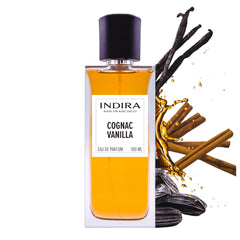 INDIRA SAN FRANCISCO Cognac Vanilla bottle on a clean surface, showcasing warm gourmand notes.