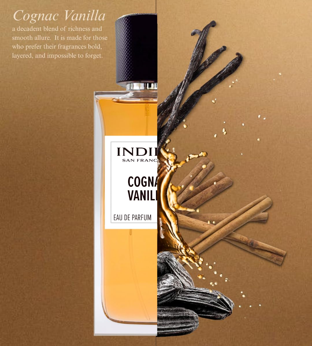 INDIRA SAN FRANCISCO Cognac Vanilla product shot for catalog.