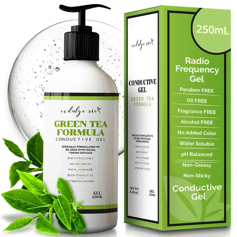 IndulgeMe conductive gel with Korean green tea extract for smoother microcurrent sessions.