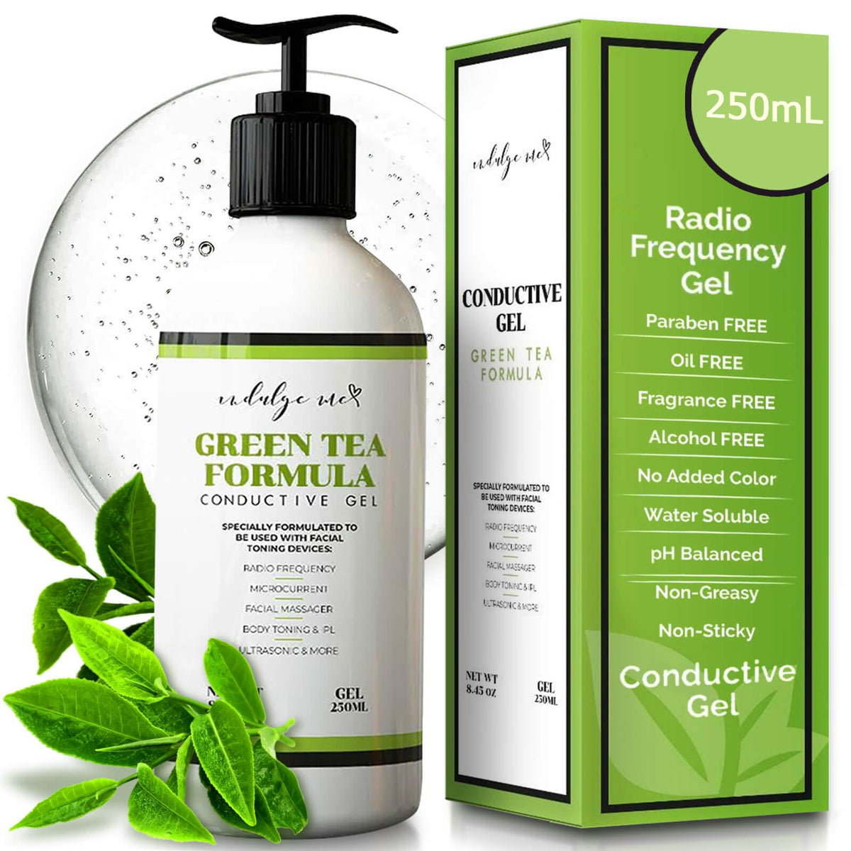 IndulgeMe conductive gel with Korean green tea extract for smoother microcurrent sessions.