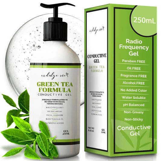 IndulgeMe conductive gel with Korean green tea extract for smoother microcurrent sessions.