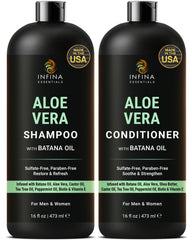 INFINA ESSENTIALS Aloe Vera Shampoo bottle shows hydrating cleansing for dry scalp.