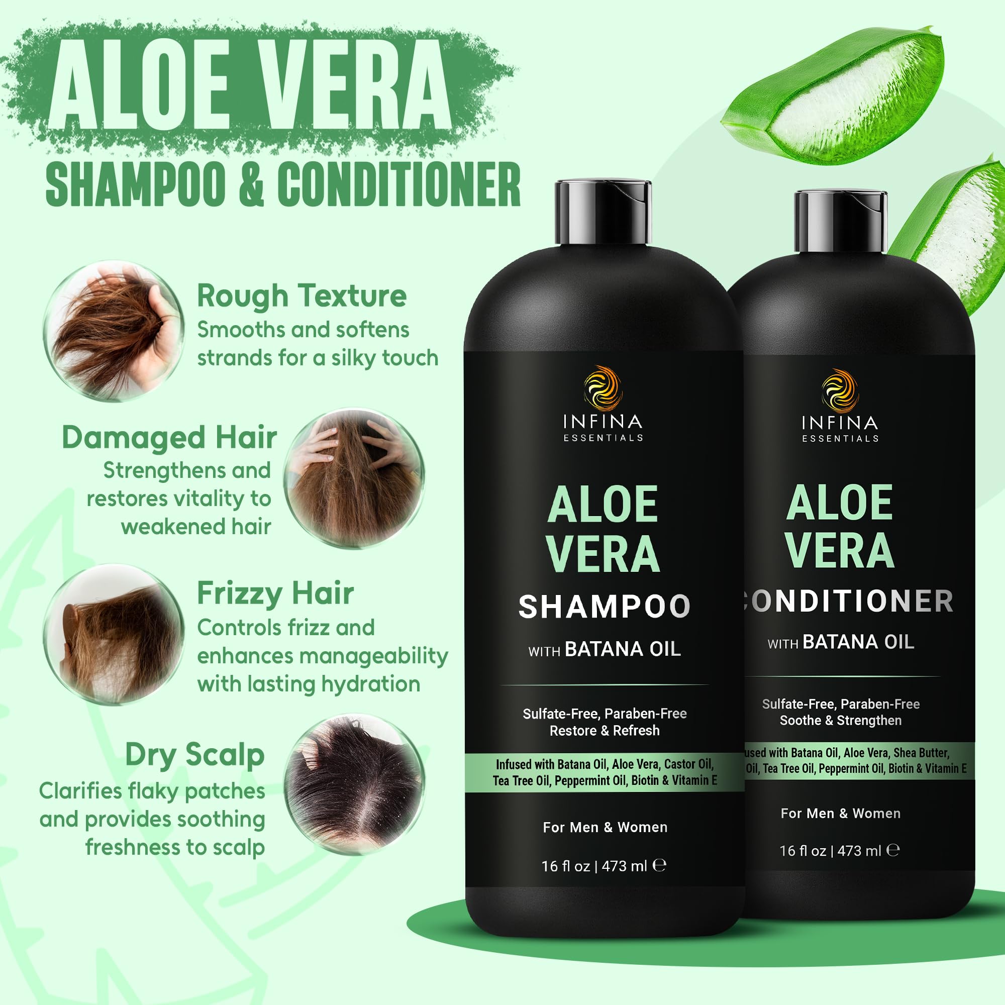 INFINA ESSENTIALS Aloe Shampoo label close-up highlights clean, sulfate-free formulation.