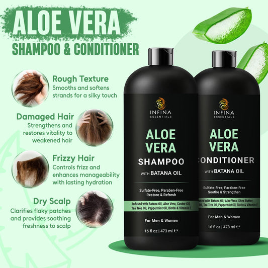 INFINA ESSENTIALS Aloe Shampoo label close-up highlights clean, sulfate-free formulation.