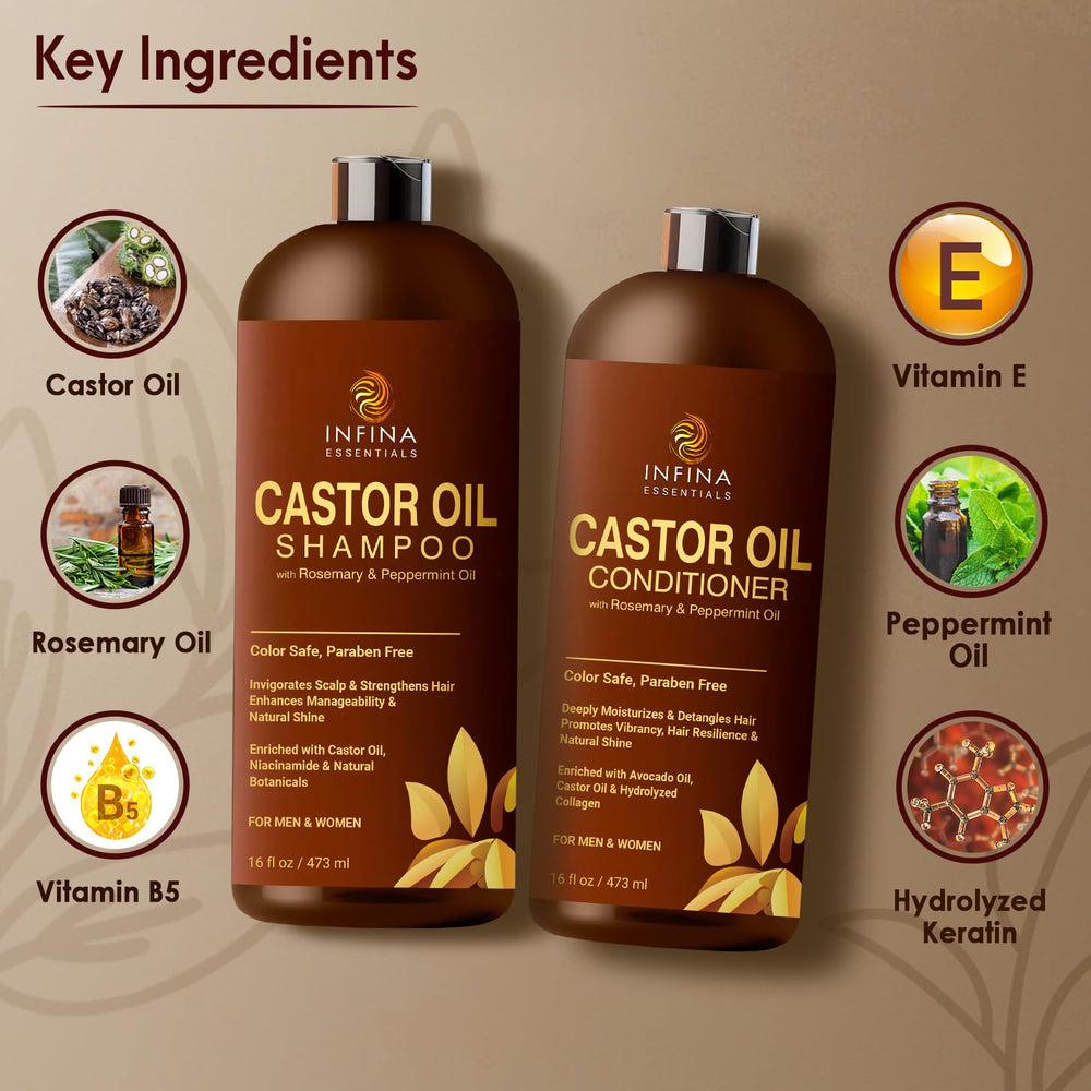 INFINA ESSENTIALS castor oil conditioner bottle delivering hydration and shine
