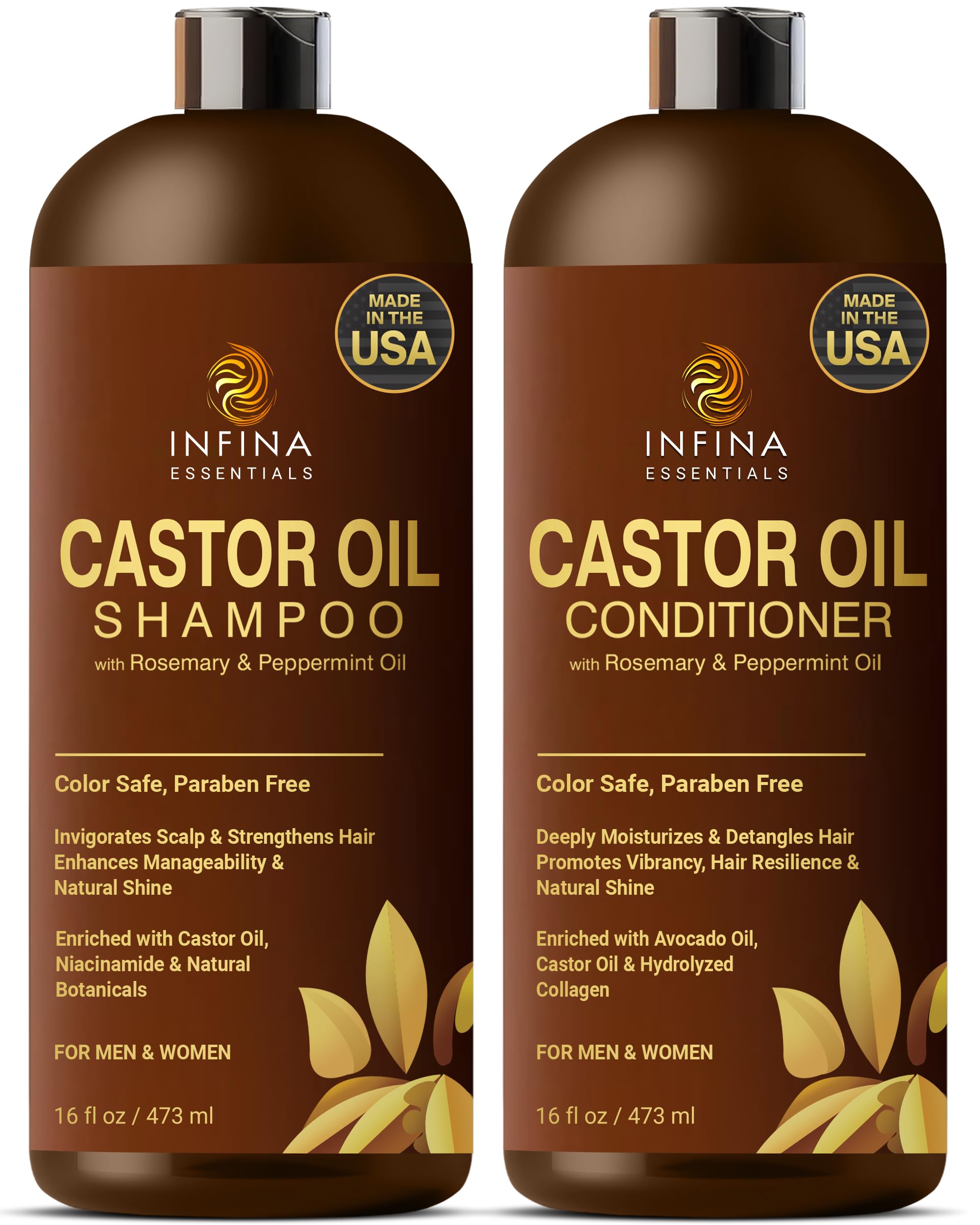 INFINA ESSENTIALS castor oil shampoo bottle with rosemary and peppermint for scalp nourishment