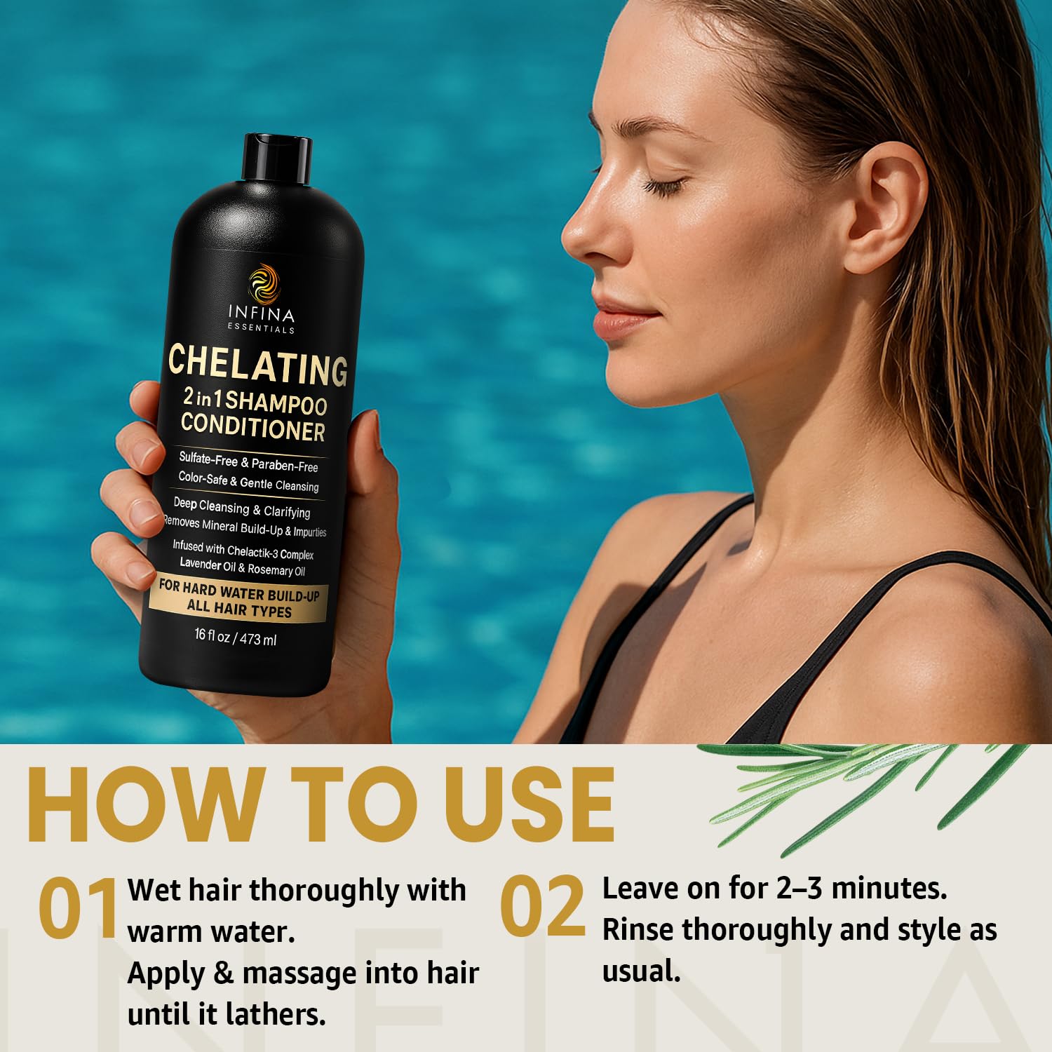 Infina Essentials label highlights color-safe and sulfate-free formula benefits